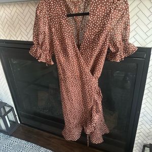 Saints & Secrets - brown & white polka dot wrap around mini dress US M